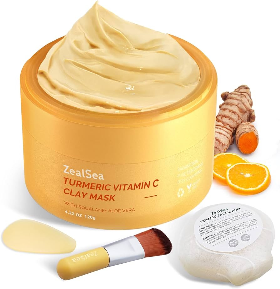 ZealSea 4.23 oz Turmeric Clay Mask with 50% Organic Aloe for Dark Spots, pimple Minimizer, cleans... | Amazon (US)