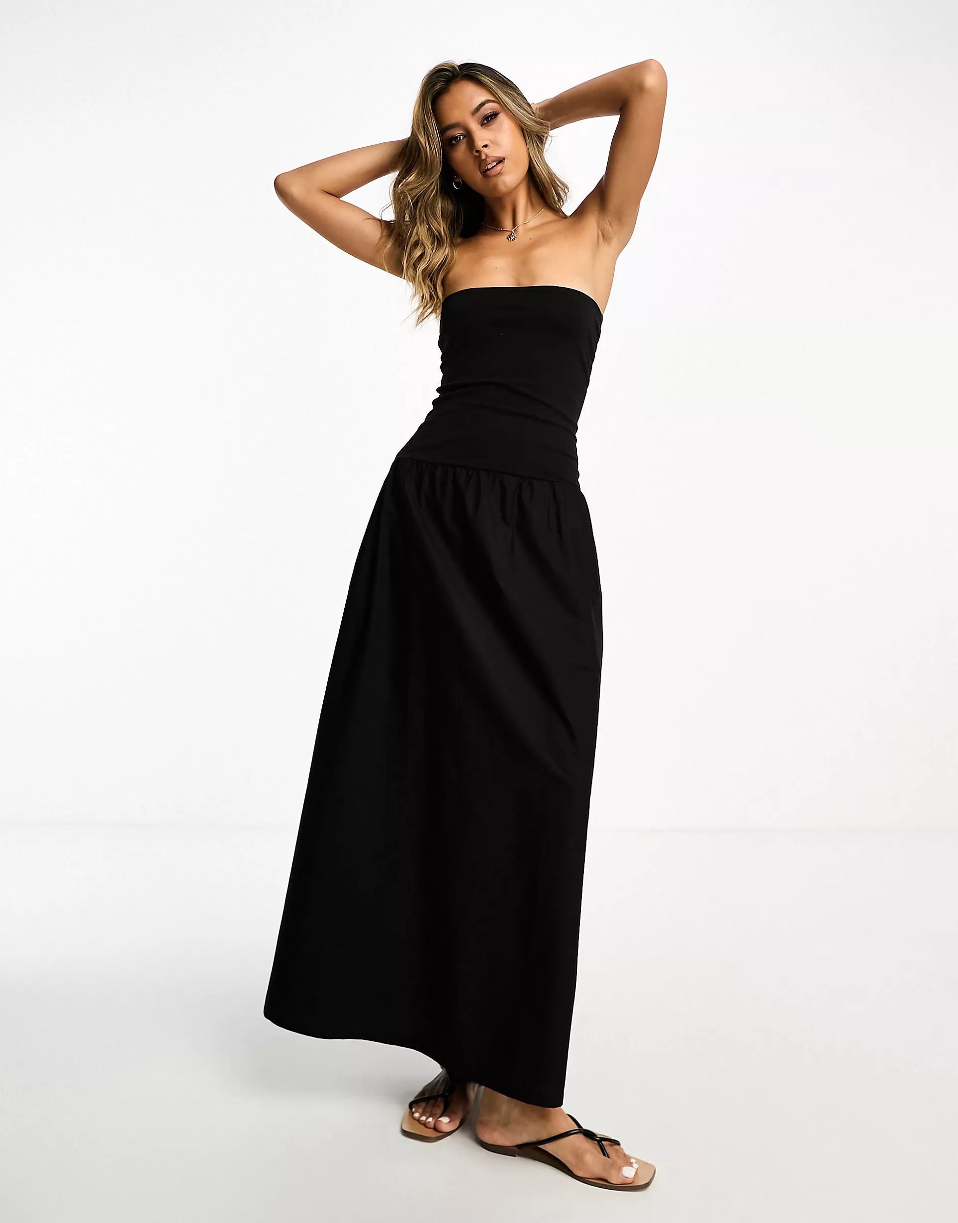 ASOS DESIGN bandeau midi dress with volume skirt in black | ASOS (Global)