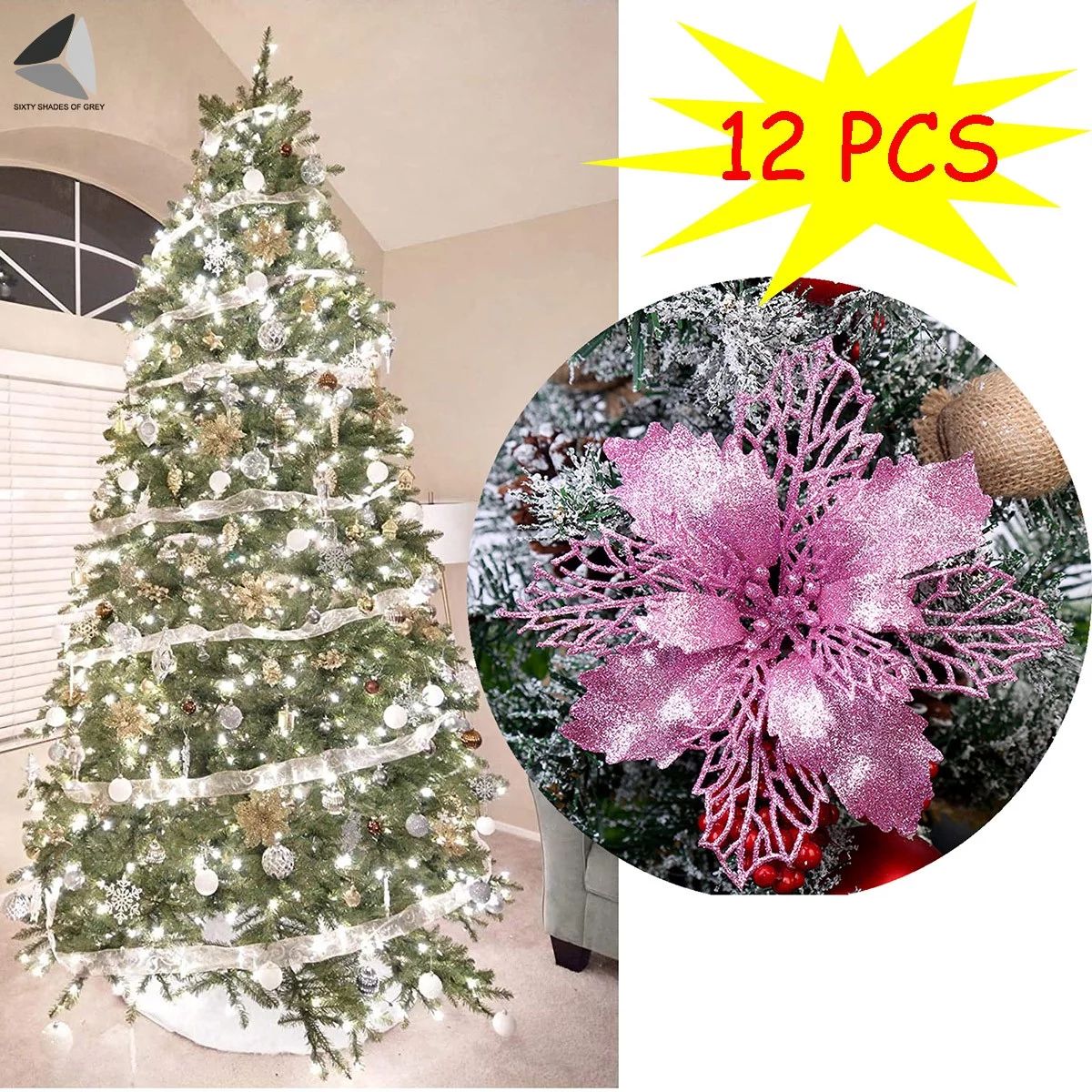 Sixtyshades 12 Pcs Poinsettia Artificial Christmas Flowers Decorations Glitter Xmas Tree Flower O... | Walmart (US)