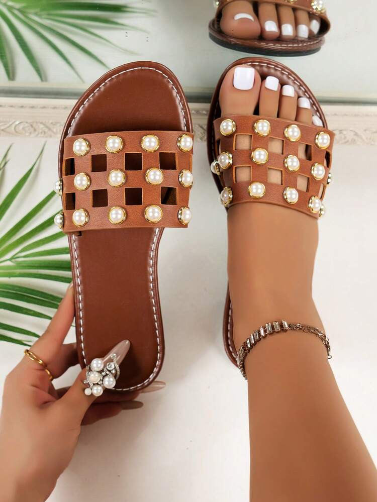 Women's Fashion Brown Classic Versatile Round Toe Flat Pearl Decor Slide Sandals, Suitable For Music Festival, Vacation, Graduation, Sports Season, Stylish For Spring And Summer | SHEIN