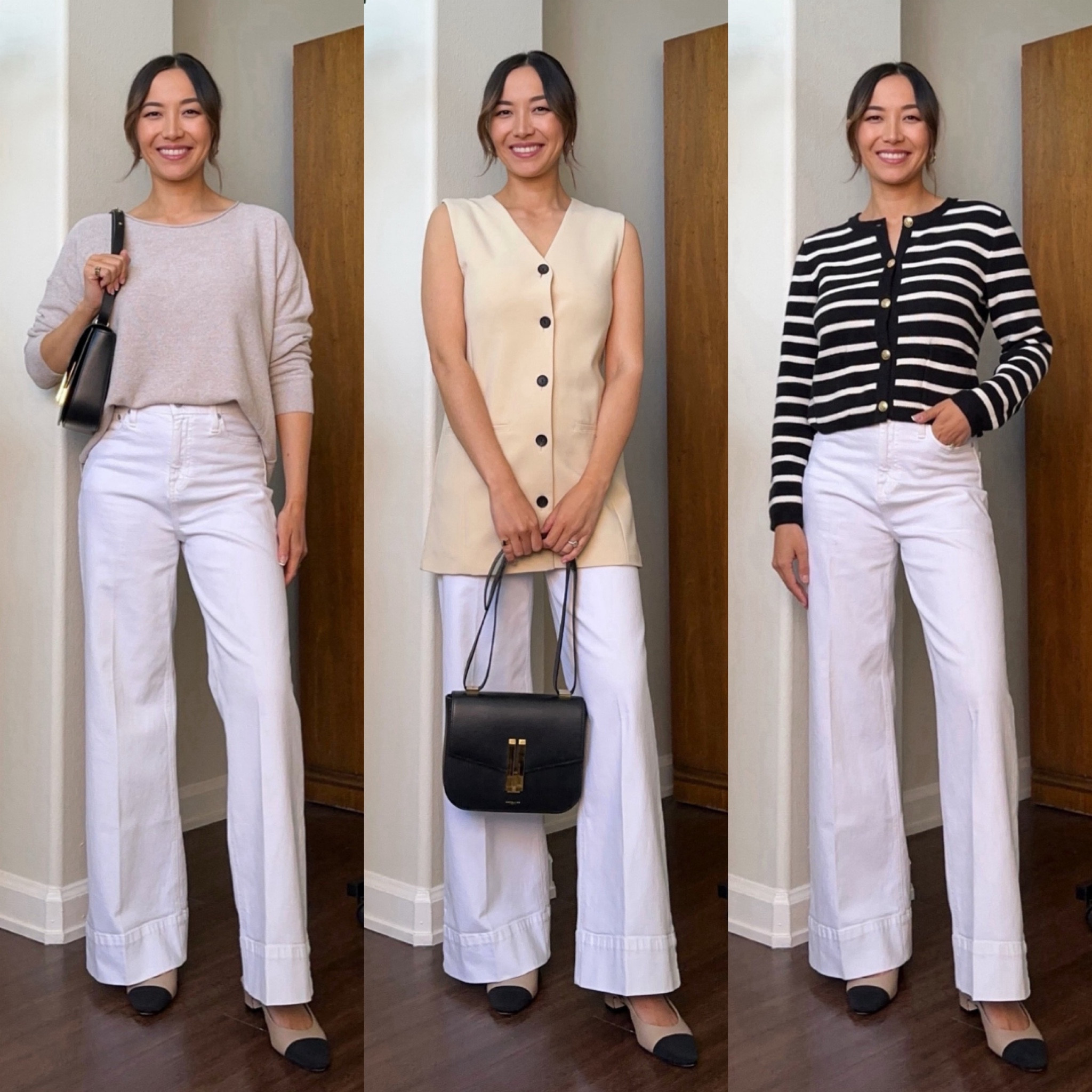 How to style white wide leg flare jeans for work in the spring/ summer 

• white jeans - wearing size 25 in the petite length, it runs a little big 
• sweater - xs 
• long vest - xs 
• sweater cardigan - xs 
• slingbacks - runs half a size small + runs narrow 

#LTKSeasonal #LTKstyletip #LTKworkwear