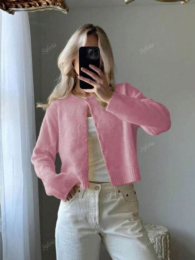 Women's Minimalist Solid Color Round Neck Button Up Long Sleeve Knit Cardigan,Long Sleeve Tops | SHEIN