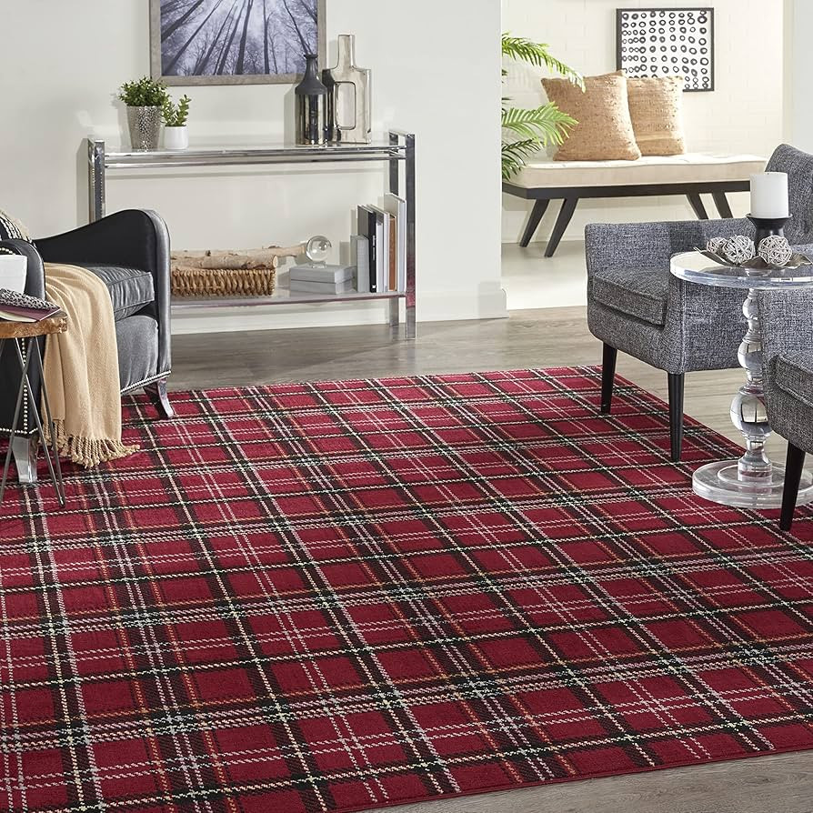 Nourison Home Grafix Red 7' x 10' Area-Rug, Modern, Plaid, Bed Room, Living Room, Dining Room, Ki... | Amazon (US)