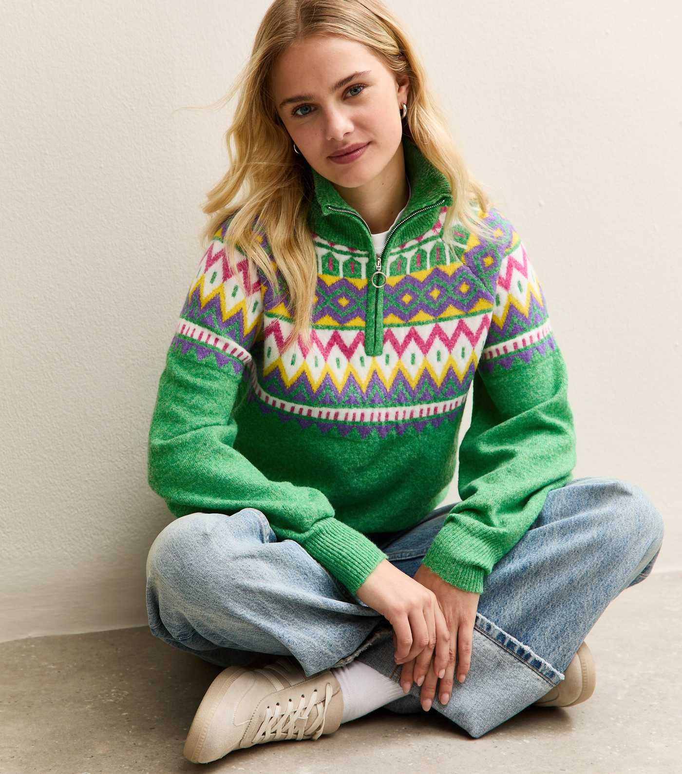Sunshine Soul Green Fair Isle Quarter Zip Jumper | New Look | New Look (UK)