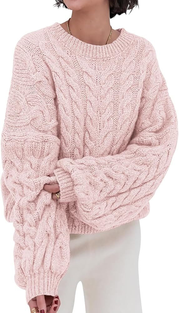 PRETTYGARDEN Womens Sweaters Fall 2025 Cable Knit Long Sleeve Crewneck Oversized Sweater Chunky P... | Amazon (US)
