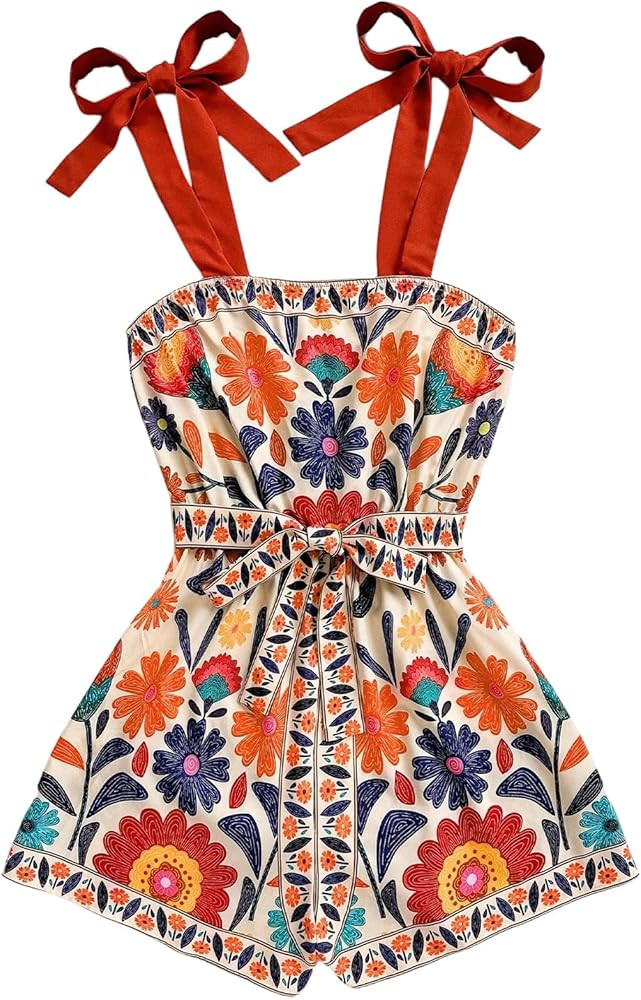 SweatyRocks Women's Boho Tie Shoulder Floral Sleeveless Belted Romper Short Jumpsuit Summer Beach... | Amazon (US)