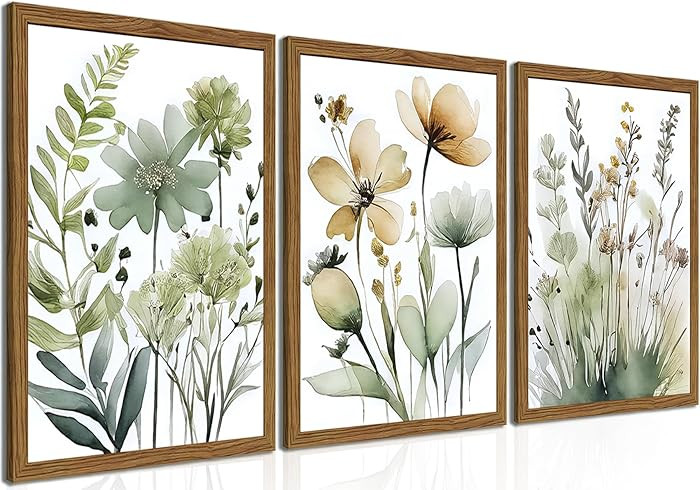 Wood Framed Sage Green Botanical Wall Art Set of 3, Boho Floral Canvas Wall Decor Paintings, Mini... | Amazon (US)