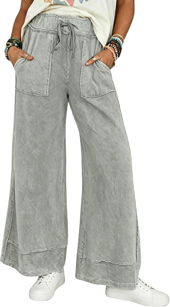 Athlisan Womens Casual Wide Leg Sweatpants Acid Wash Elastic Waisted Palazzo Pants Trousers with ... | Amazon (US)