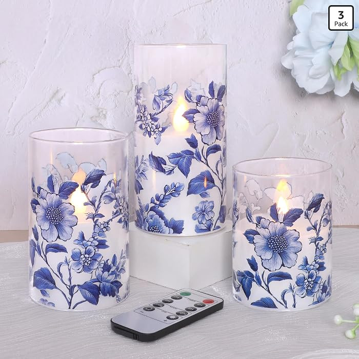 Chinoiserie Decor Flameless Candles Blue and White Battery Operated with Remote & Timer Blue Whit... | Amazon (US)