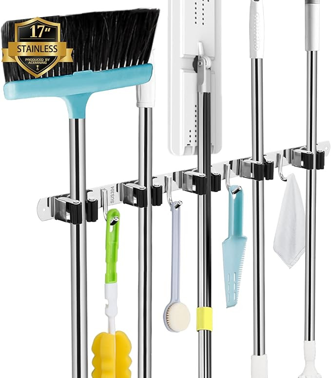 AceMining 5 Racks and 4 Hooks Mop and Broom Holder Wall Mount, Broom Organizer Storage Tool Racks... | Amazon (US)