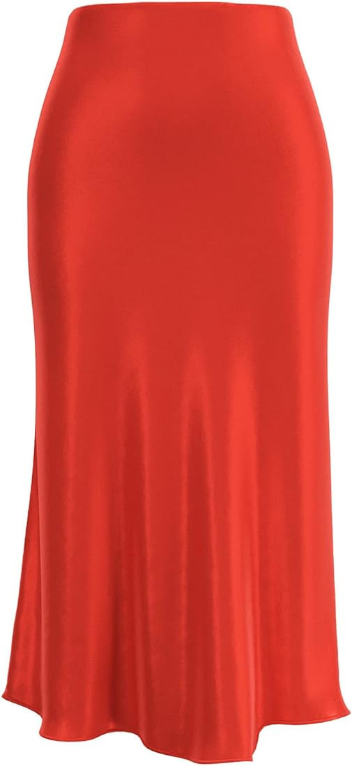 Womens Leopard Print Skirt Midi Long Length Silk Satin High Waist Elastic Skirts | Amazon (US)