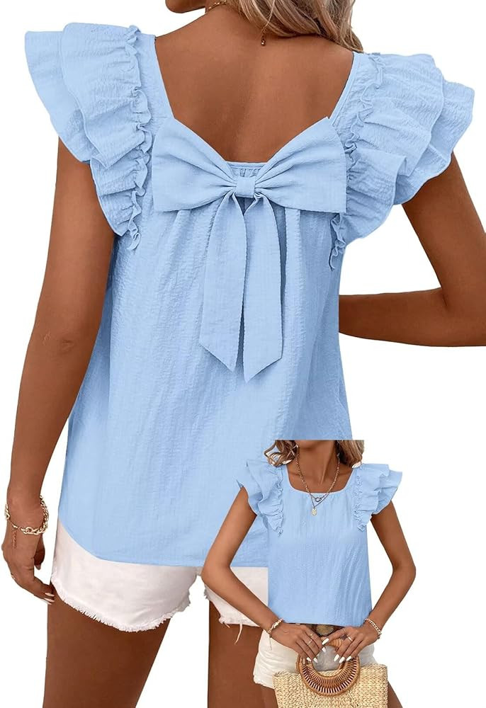 Womens Bow Tie Back Tops Round Neck Ruffle Short Sleeve Shirts Cute Babydoll Chiffon Tee Women Su... | Amazon (US)
