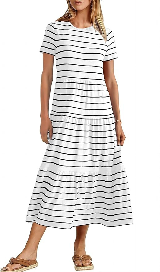 MITILLY Women's 2025 Summer Casual Short Sleeve T Shirt Dress Striped Tiered Swing Beach Maxi Dre... | Amazon (US)