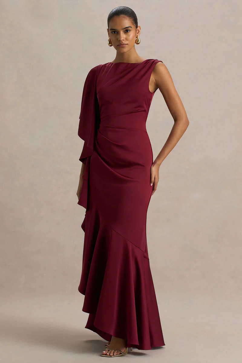 Rosy  Burgundy Satin Boat-Neck Maxi Dress With Front Split And Ruched Detailing | Club L London