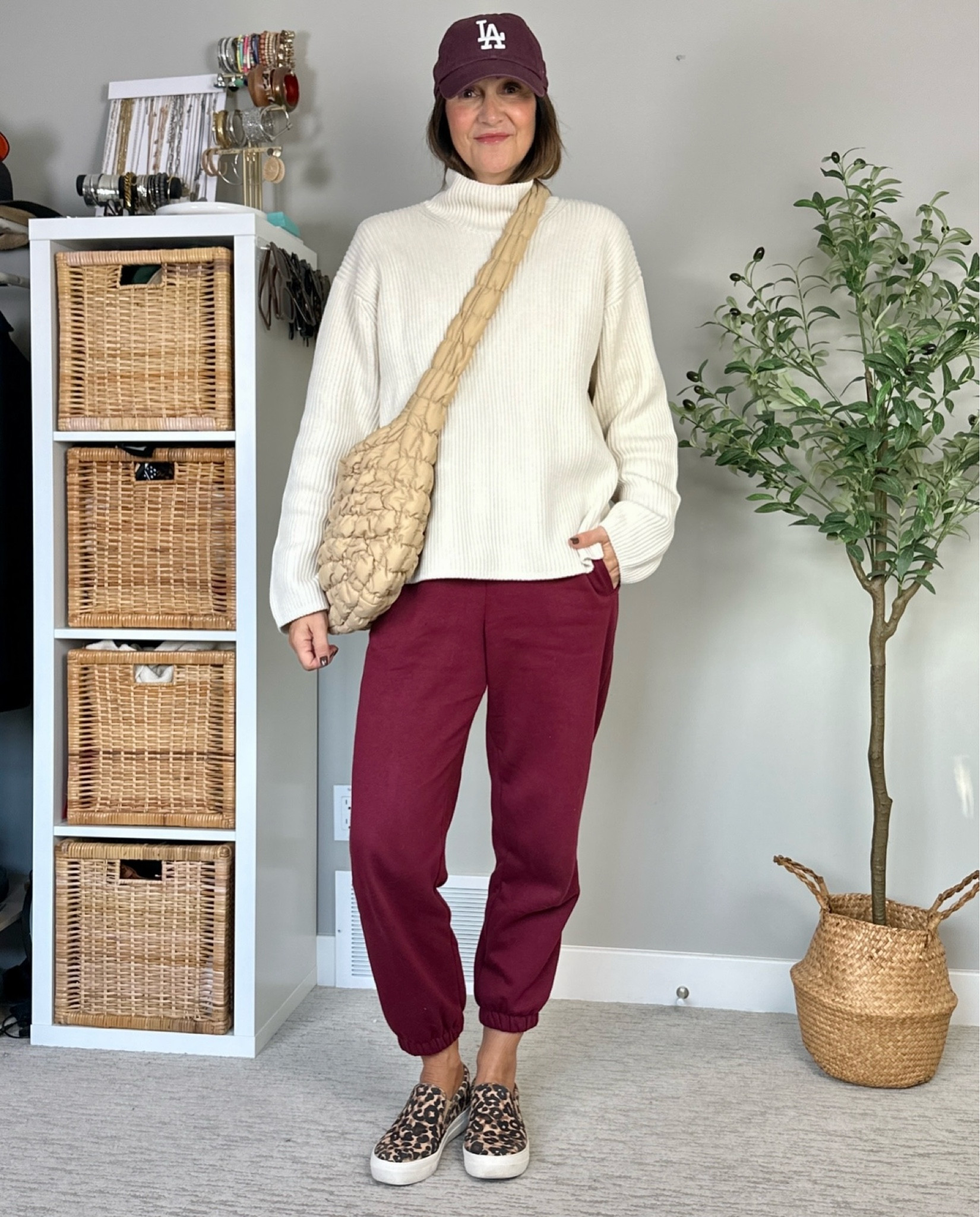 Casual outfit for a nail appointment!
I’m 5’ 7” and wearing my usual size S in the joggers and mock neck sweater. 
Leopard sneakers are old but I linked similar. 
Also linked my quilted bag and cozy socks


#LTKShoeCrush #LTKStyleTip #LTKItBag