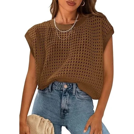 PRETTYGARDEN Womens Spring Tops Summer Shirts Crochet Cap Sleeve Sweater Pullover Cute Crew Neck Beach Cover Ups | Walmart (US)