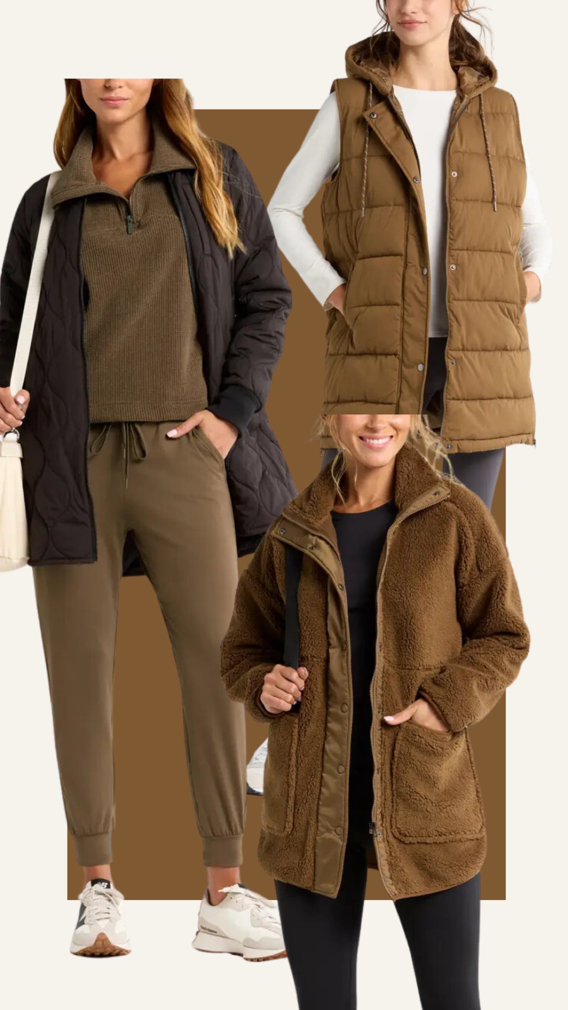 Zella Brown Teak, house of colour autumn, hocautumn, true autumn, soft autumn, dark autumn, leggings, sweater, joggers, puffer vest, coat, sherpa, quilted vest, 1/4 zip, tan, brown

#LTKPlusSize #LTKFindsUnder100 #LTKMidsize