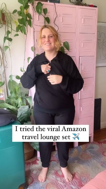 I tried the viral Amazon travel loungewear set / tracksuit! It's comfy, has pockets to tuck boarding passes, etc, and a half zip up hoodie. 
If you are aiming to be comfy AF but also chic enough for business class, you'll love this travel set!
Pair with gold jewelry, an Away suitcase, compression socks and rothys. 

#travel #traveloutfit #amazon #loungeset 

#LTKtravel #LTKplussize #LTKmidsize
