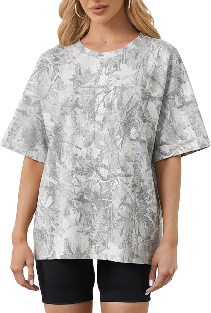 MSBESYOR Camo Shirt for Women Maple Leaf Print Short Sleeve Crewneck T-Shirts Summer Oversized Te... | Amazon (US)