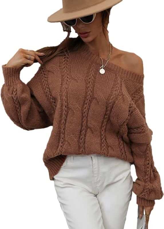 Women's Crewneck Long Sleeve Knit Sweater Cable Solid Loose Ribbed Hem Pullover Jumper Top | Amazon (US)
