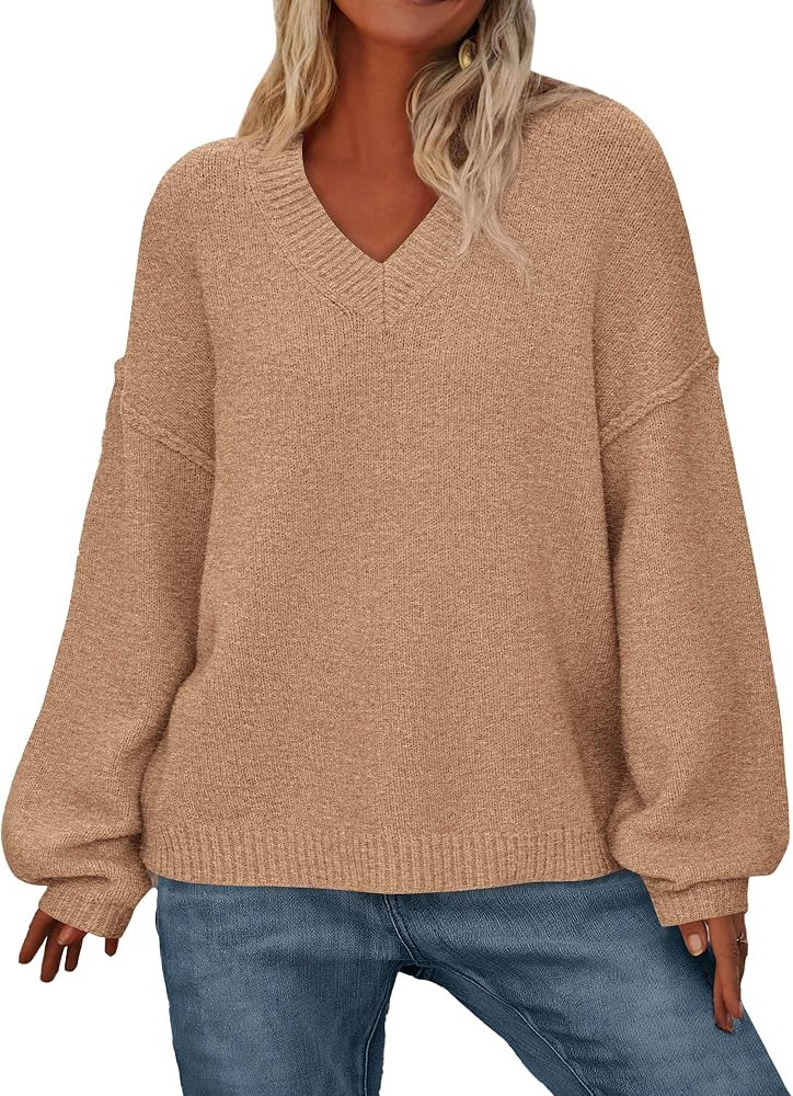 BTFBM Casual Long Sleeve Sweaters for Women Loose V Neck Ribbed Knit Pullover Tops Womens Fall Fa... | Amazon (US)
