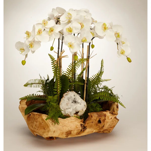 Orchid with White Geode Centerpiece in Wood Bowl | Wayfair North America