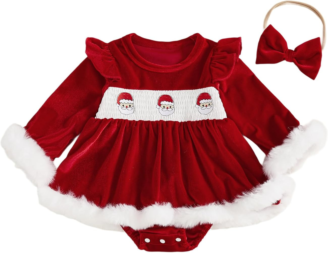 Baby Girl Christmas Outfit Santa Claus Romper Dress Red Velvet Long Sleeve Princess Tulle Dress C... | Amazon (US)