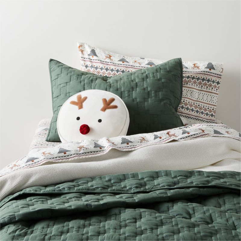 Pine Green Geometric Stitch Embroidered Cotton Kids Twin Quilt + Reviews | Crate & Kids | Crate & Barrel