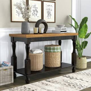 Heavenly 47 in. Antique Black and Oak Rectangle Console Table with Open Shelf | The Home Depot