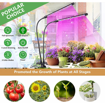 Juhefa Full Spectrum Grow Light Dual-Head 60 LED Clip-on Plant Lamp 3 Modes & 5-Level Dimmable with  | Walmart (US)