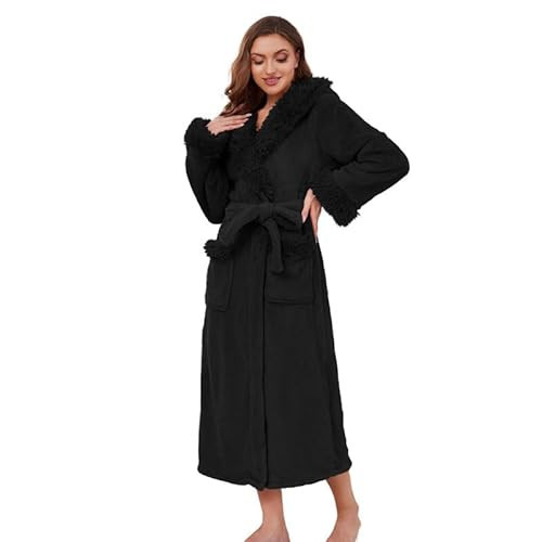 LYCY Womens Hooded Plush Long Robe, Soft Warm Fleece Bathrobe for Women Fluffy Cute Spa Robe(Black,2XL/3XL) | Amazon (US)