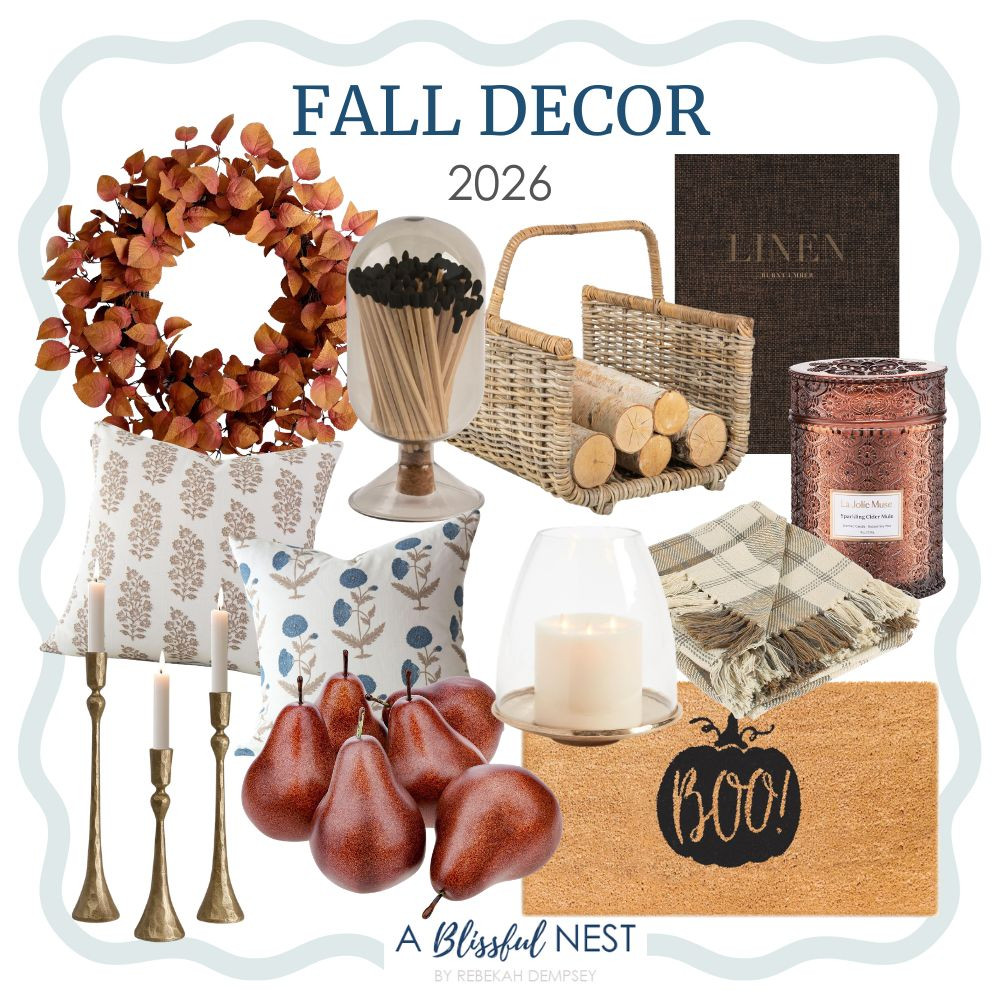 Warm tones and cozy accents make fall decorating so easy. Shop the finds.

Fall leaf wreath, glass matchstick holder, rattan log basket, decorative coffee table book, embossed jar candle, floral throw pillow, blue floral throw pillow, brass candlestick set, decorative faux pears, glass hurricane candle holder, plaid throw blanket, and pumpkin doormat. 

 #LTKSeasonal #LTKHome