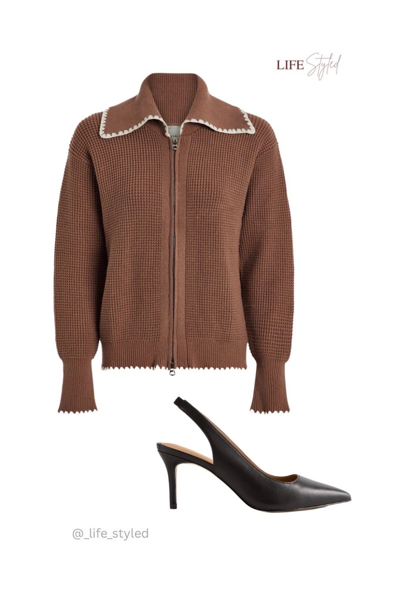 Waffle-stitch texture, scalloped edges, & that oversized collar 🤎 Finished with slingback heels for an effortless, pulled-together look. ✨

#LTKU #LTKootd #LTKOver40