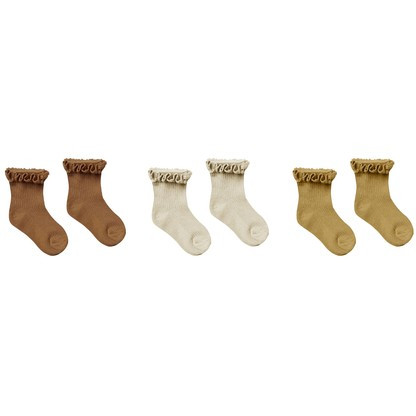 Rylee & Cru Ribbed Ruffle Socks 3-Pack, Rust, Stone, Gold | SpearmintLOVE
