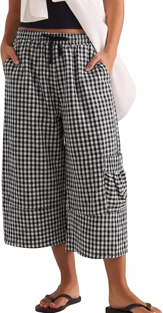 Womens Gingham Barrel Capri Pants Plaid Palazzo Trousers Harem Summer Beach Drawstring Pants with... | Amazon (US)