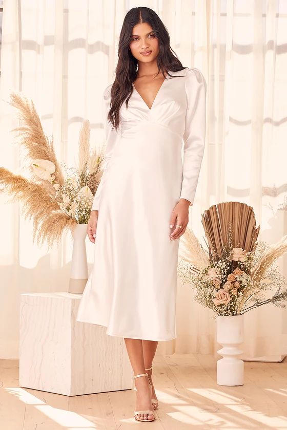 Eternal Romance White Satin Long Sleeve Midi Dress | Lulus (US)