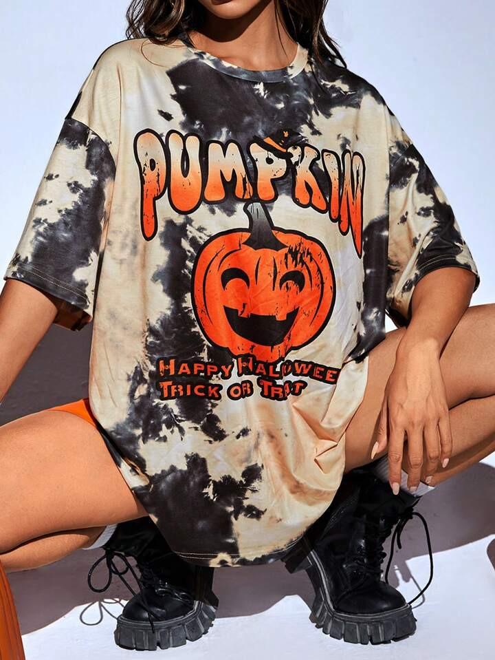 SHEIN EZwear Halloween and Tie Dye Print Drop Shoulder Tee | SHEIN