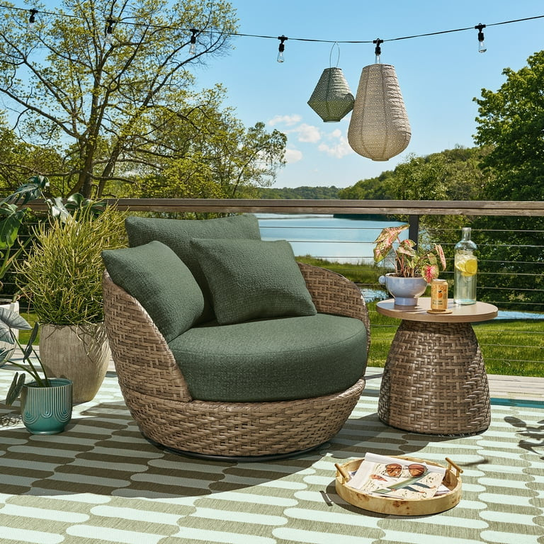 Beautiful Wicker Outdoor Swivel Chair with Boucle Cushions, Brown/Thyme by Drew Barrymore | Walmart (US)
