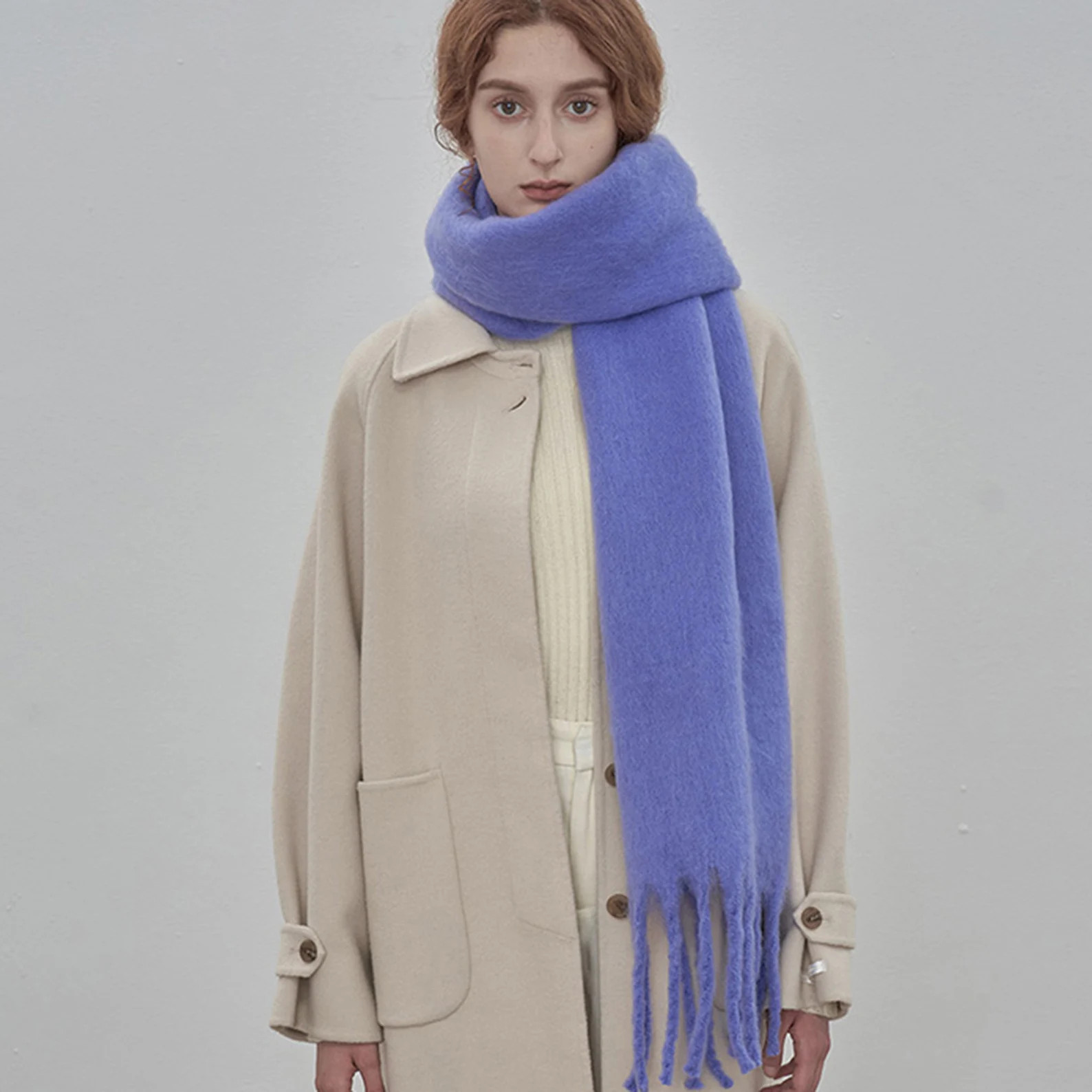 Solid Color Fringe Scarf Mohair Scarf Blue Scarf Warm - Etsy | Etsy (US)