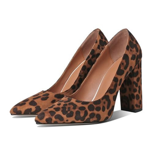 Alyaafifa Elegant Chunky Heel Pumps for Women Pointed Closed Toe Slip On Suede High Heel Animal Printed Dress Shoes Office Working Party Event Club, Brown Leopard, 6 | Amazon (US)
