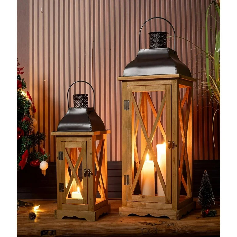 Farmhouse Wooden Metal Candle Lantern Set of 2, Rustic Large Decorative Floor Lanterns, Indoor/Ou... | Walmart (US)