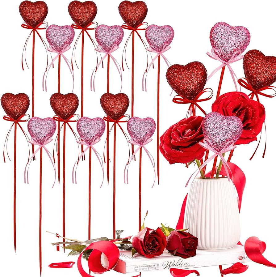 12Pcs Valentine's Day Glitter Red Pink Puffy Heart Picks Foam Heart Picks Sparkly Sticks for Wedd... | Amazon (US)