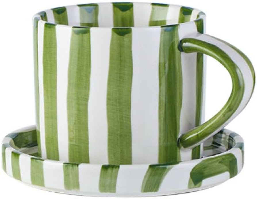 Small 8oz Stylish Handmade Vertical Striped Coffee Mug Espresso Cups With Saucer, Hand painted Ce... | Amazon (US)