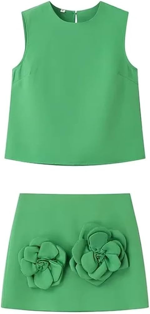 THLAI Summer Women 2 Piece Skirt Sets Sleeveless Crop Tank Top and Mini Skirt Matching with 3D Fl... | Amazon (US)
