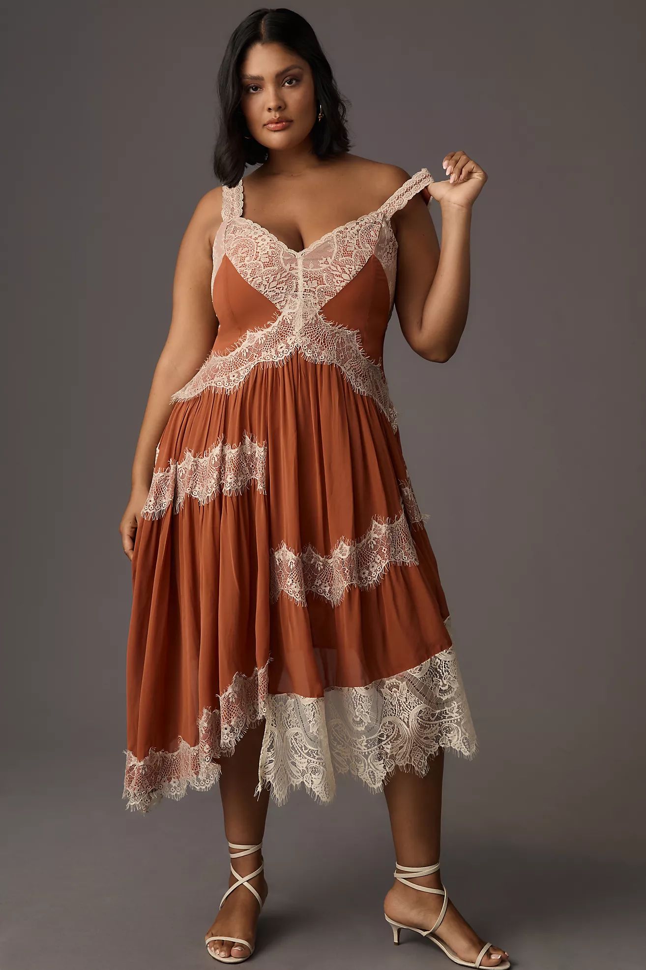 By Anthropologie Sleeveless Asymmetrical Lace Midi Dress | Anthropologie (US)