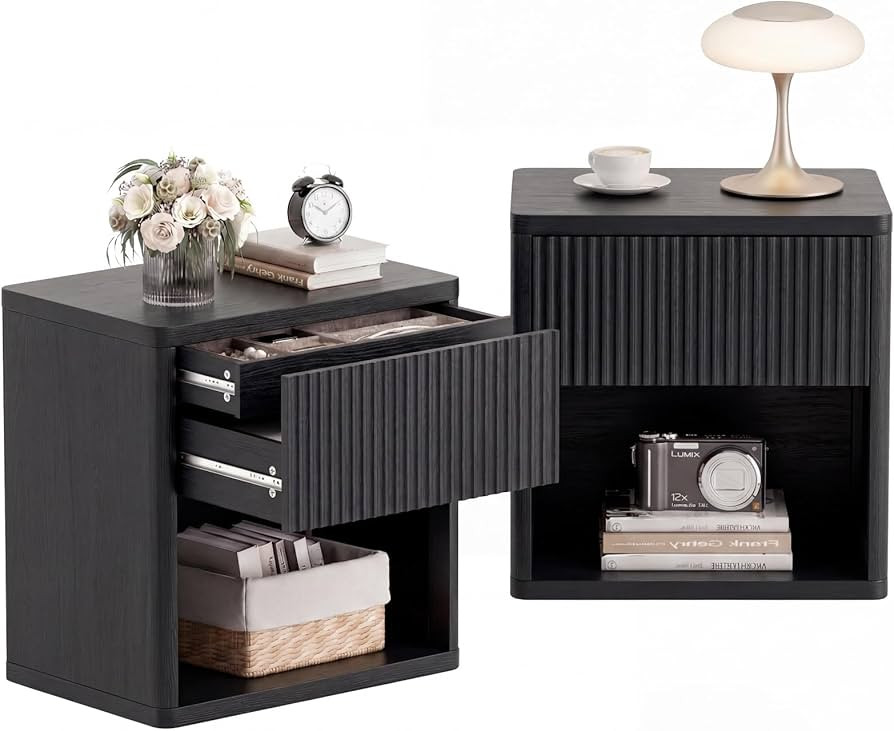 Yechen Black Fluted Nightstand Set of 2 with Hidden Drawer and Open Shelf, 22.8" W Mid Century Mo... | Amazon (US)
