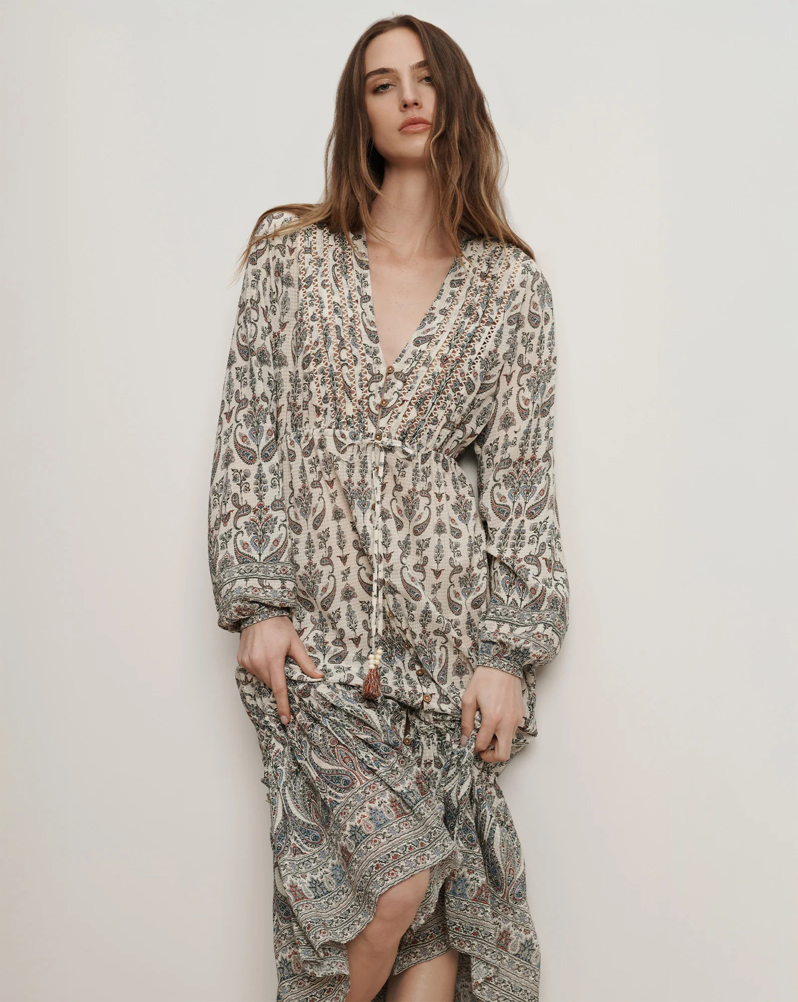 Vani Paisley V-Neck Midi Dress in Ecru Multi | Veronica Beard | Veronica Beard