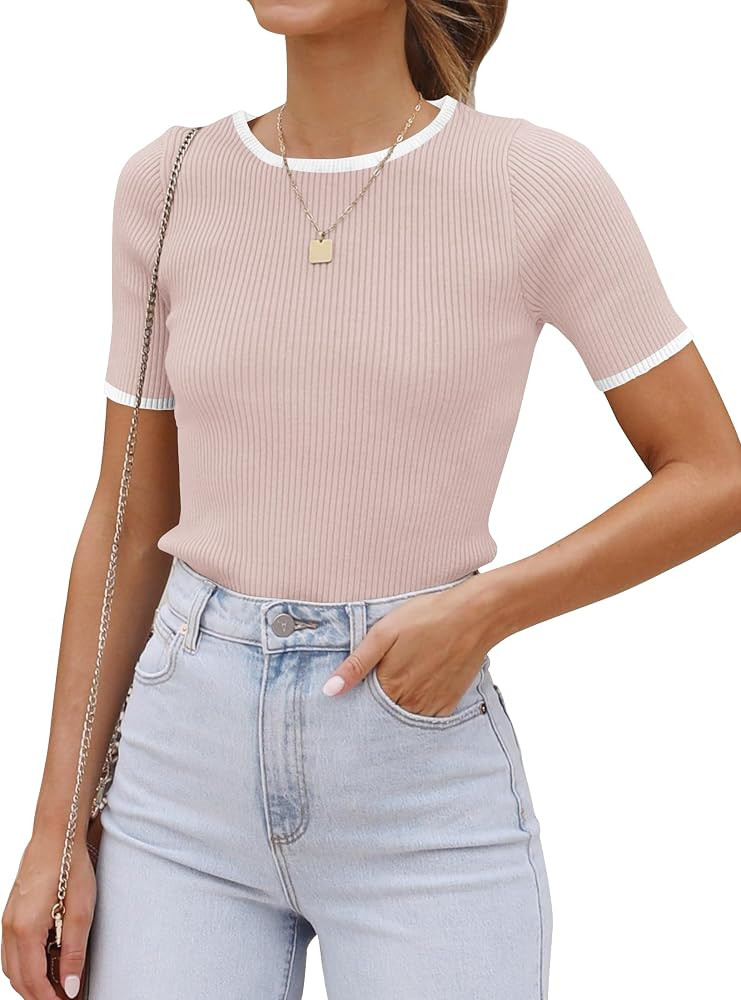 ZESICA Women's Short Sleeve Crewneck Ribbed Knit Slim Fit T Shirt 2024 Summer Basic Casual Color ... | Amazon (US)
