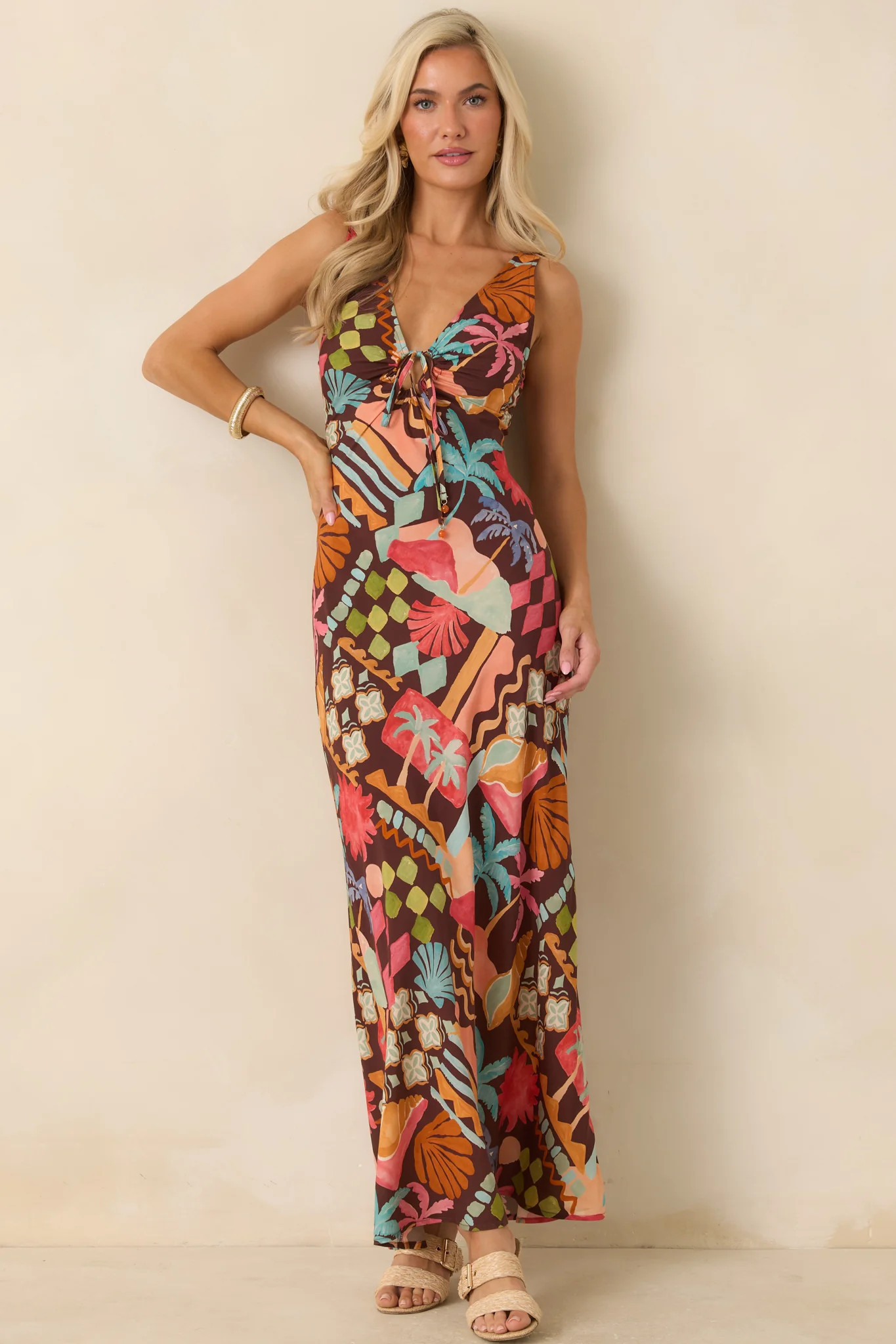 MINKPINK Isola Brown Multi Vintage Coastal Print Keyhole Midi Dress | Red Dress