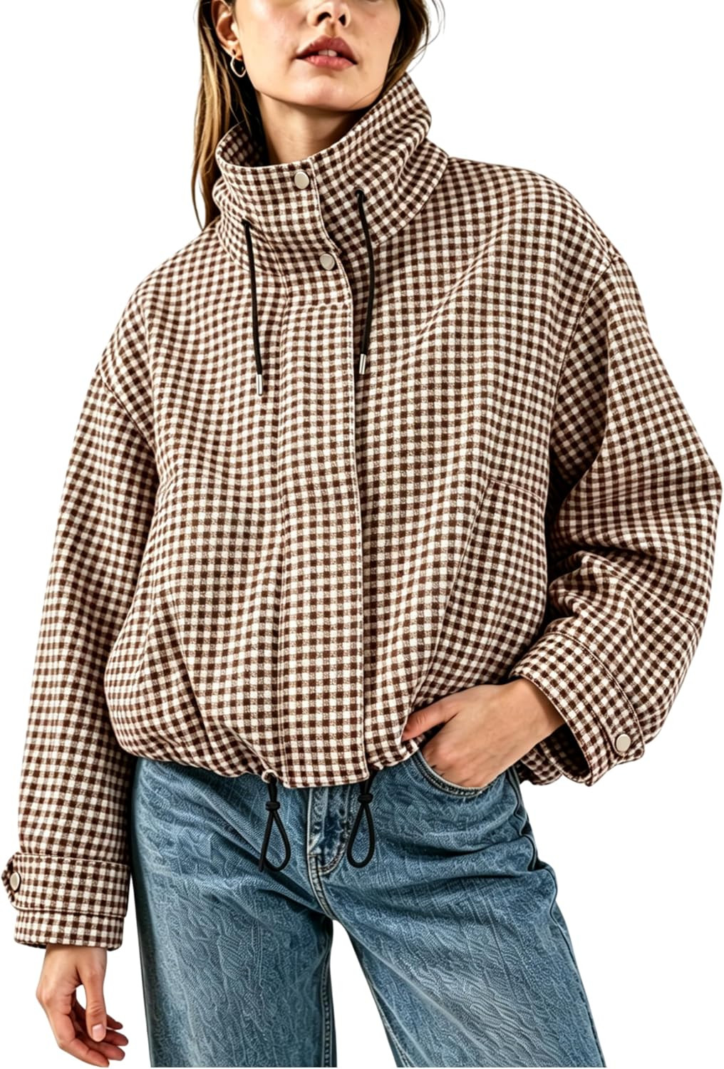 Esmeling Women Gingham Zipper Bomber Jacket Stand Collar Long Sleeve Jacket Cropped Outwear with Pockets | Amazon (US)